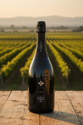 Prosecco su tavolo con vigne Veneto